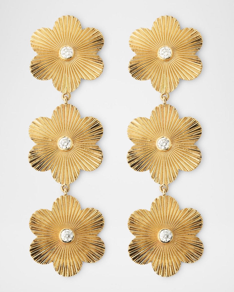 14K Yellow Gold Fluted Flower Diamond Earrings